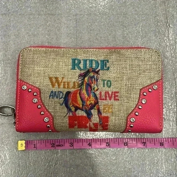 ❤️2/$30❤️Montana West Wallet Ride Wild Live Free Pink Studded Strap Colorful - Picture 5 of 8